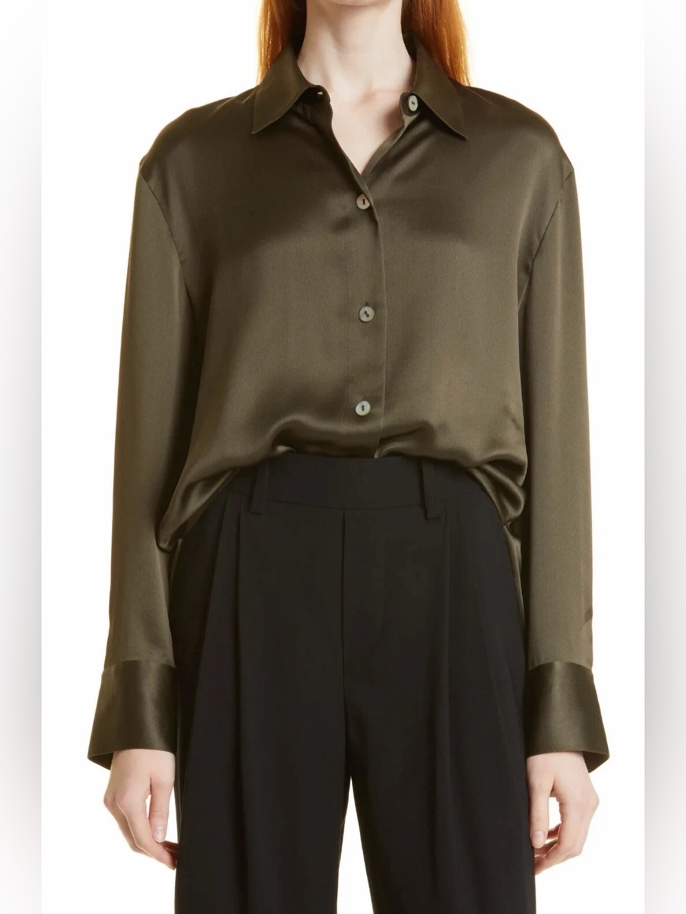 NWT $345 Vince Olive Green Satin Silk Button Down Blouse Size M